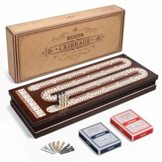 Cribbage board game set with pegs and playing cards.