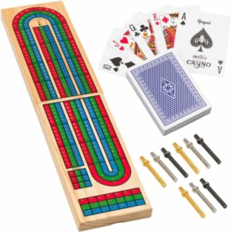 Cribbage board with pegs and a set of playing cards.