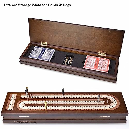 Wooden cribbage board set with storage for cards and pegs.