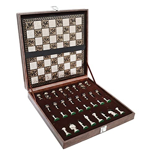 Open decorative chess set with ornate pieces and board.