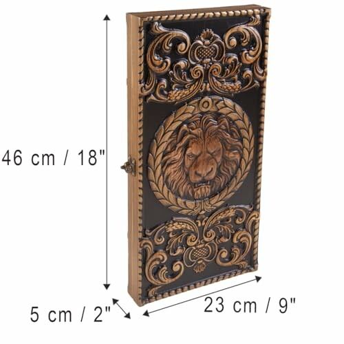 Ornate wall cabinet with lion design and measurements.