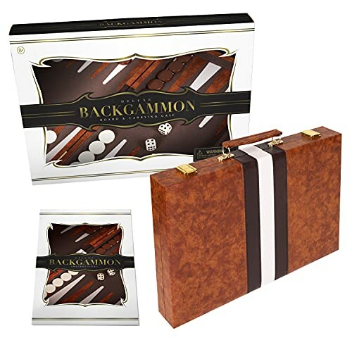 Deluxe backgammon set with carrying case and packaging.