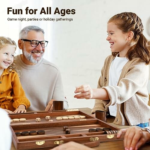 Family playing board game together, smiling and enjoying.