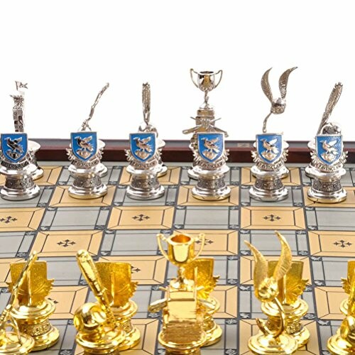 Fantasy-themed chess set with silver and gold pieces on a decorative board.