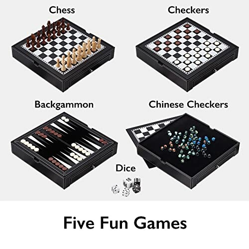 Set of five board games including chess, checkers, backgammon, Chinese checkers, and dice games.