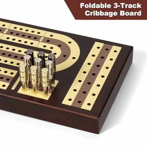 Foldable 3-track cribbage board with pegs