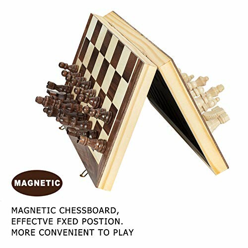 Foldable magnetic chessboard with pieces attached.