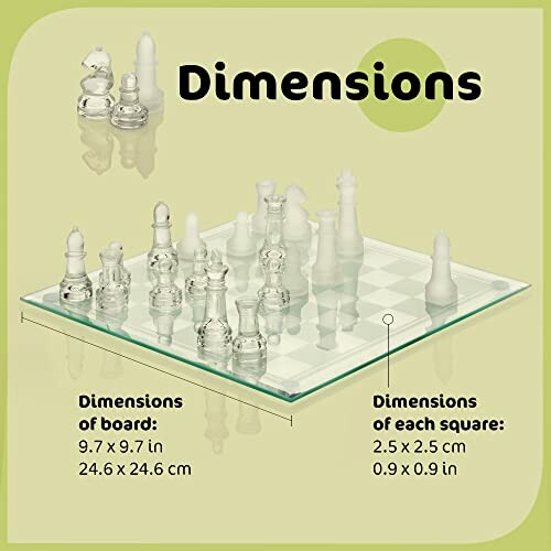 Glass chess set with board dimensions and square size.