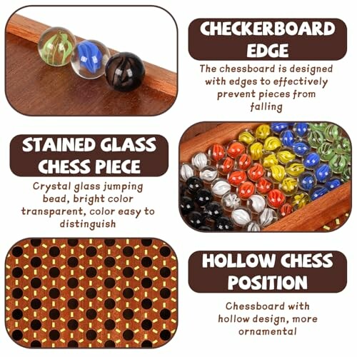 Features of a glass chess set including checkerboard edge, stained glass chess piece, and hollow chess position.