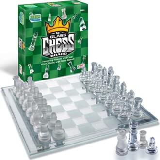 Glass chess set with frosted and clear pieces, featuring a 12-inch board.