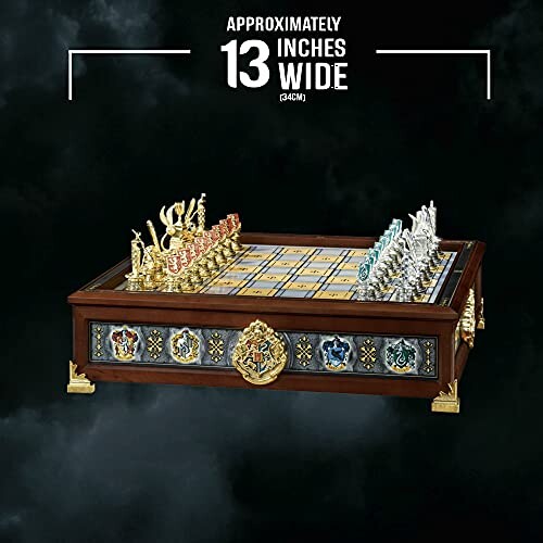 Harry Potter themed chess set with intricate designs, approximately 13 inches wide.