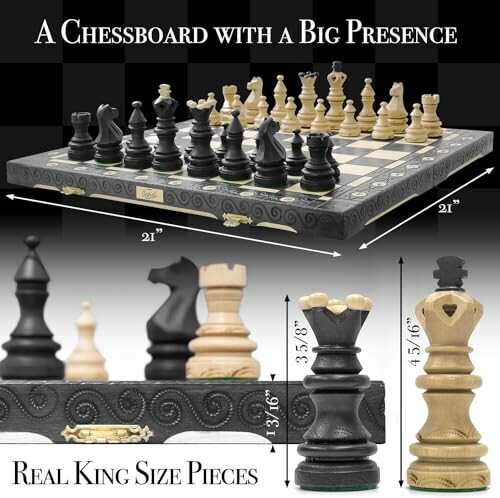 Large chessboard with oversized pieces and detailed design.