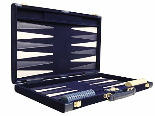 Open leather backgammon set with blue and cream design.