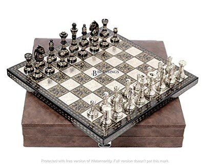 Ornate chessboard with pieces on a decorative box