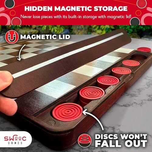 Checkers board with magnetic lid and storage for discs.