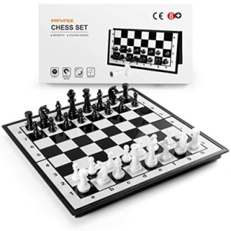 Magnetic chess set with folding design and black and white pieces.