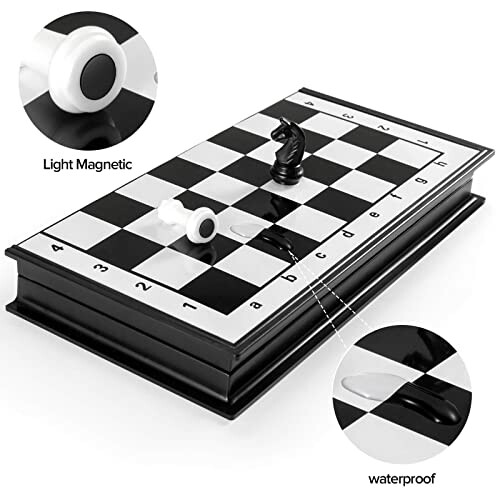 Magnetic waterproof chess set with pieces and board details.