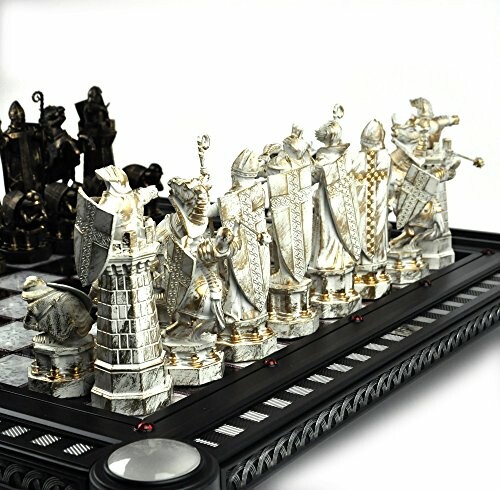 Intricately designed medieval-themed chess pieces on a board.