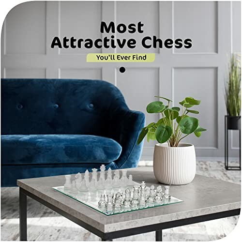 Glass chess set on a coffee table in a stylish living room.