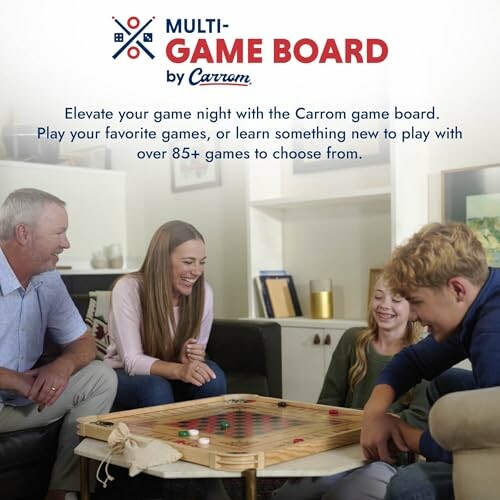 Family playing carrom board game together in living room