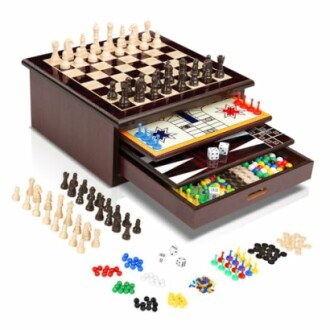 Multifunctional game board set with chess, checkers, and more.