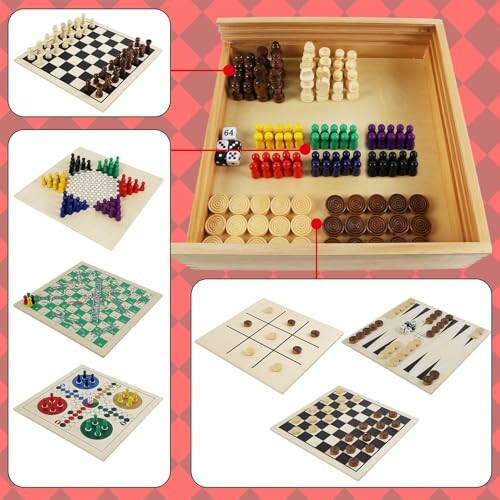 Wooden multi-game board set with chess, checkers, and other games.