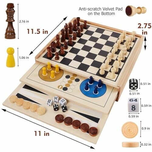 Multi-game board set with chess, checkers, and dice games.