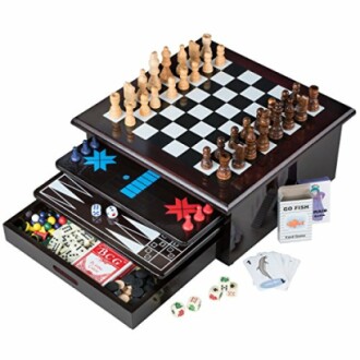 Multi-game board set with chess, checkers, and various game components.