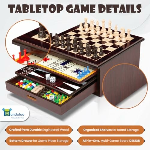 Multi-game tabletop set with chess, checkers, and storage drawers.