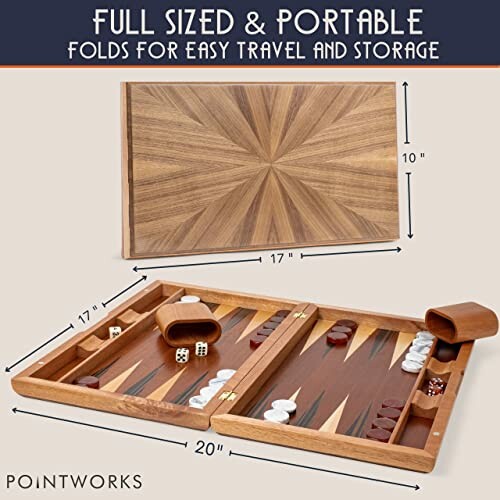 Portable backgammon set with dimensions shown, folds for travel and storage.