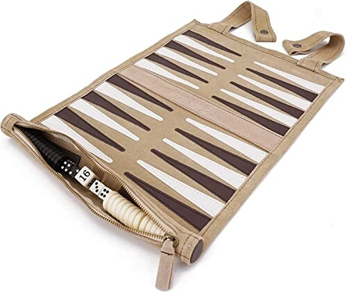 Portable backgammon set with dice and pieces in a roll-up case.