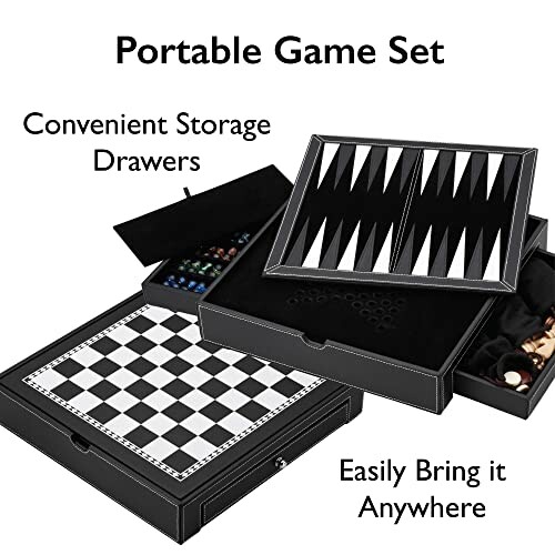 Portable game set with storage drawers and various board games.