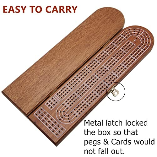 Wooden cribbage board with metal latch, easy to carry.