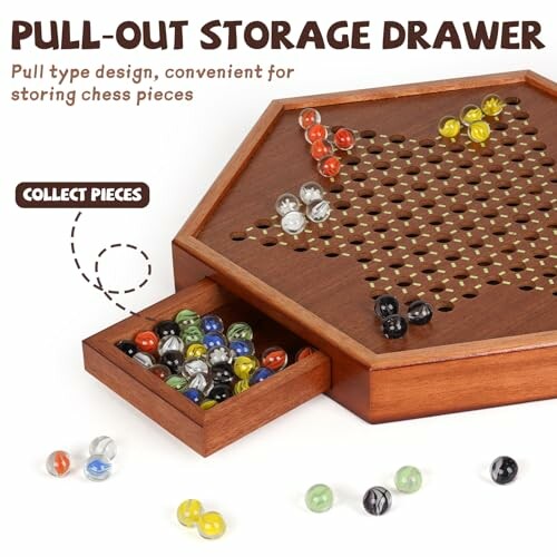 Hexagonal board with pull-out drawer for storing chess pieces.