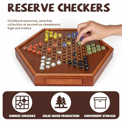 Hexagonal wooden board with marbles for checkers game.