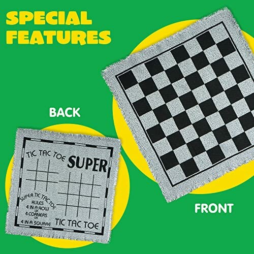 Reversible game mat with tic tac toe and checkers design.