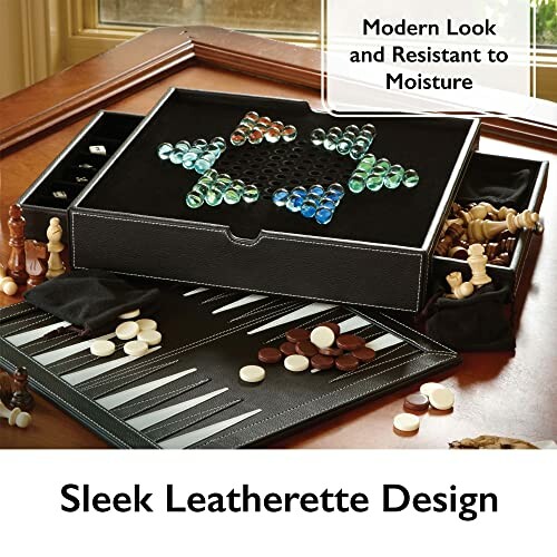 Assorted board games in sleek leatherette design with modern look and moisture resistance.