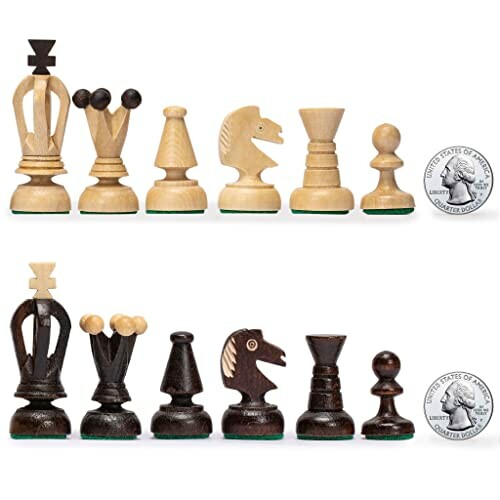 A set of modern, uniquely designed chess pieces in light and dark wood, accompanied by coins for size comparison.