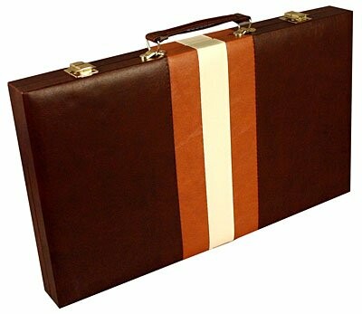 Brown leather briefcase with a white and tan stripe