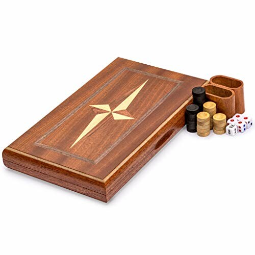 Wooden backgammon set with playing pieces and dice.