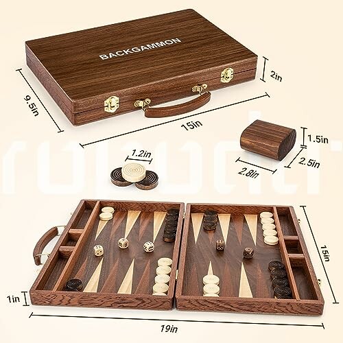 Wooden backgammon set with dimensions and pieces displayed.