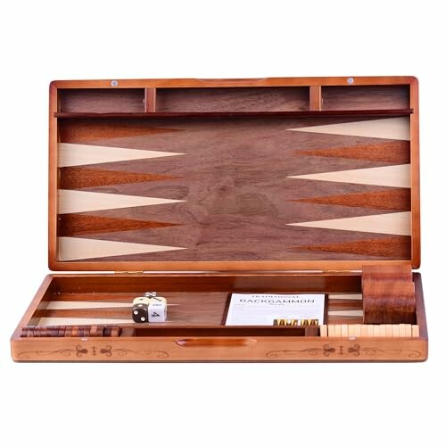 Open wooden backgammon set with dice and pieces.