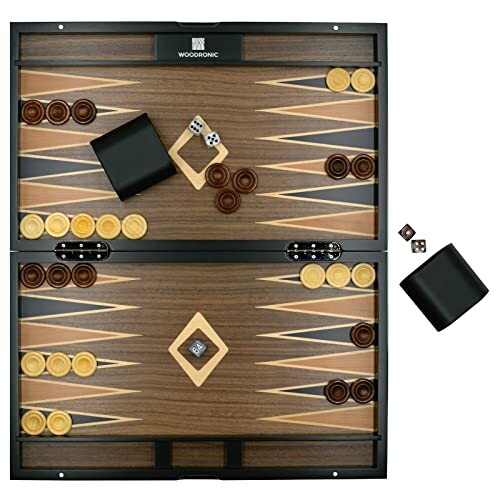 Wooden backgammon set with pieces and dice.