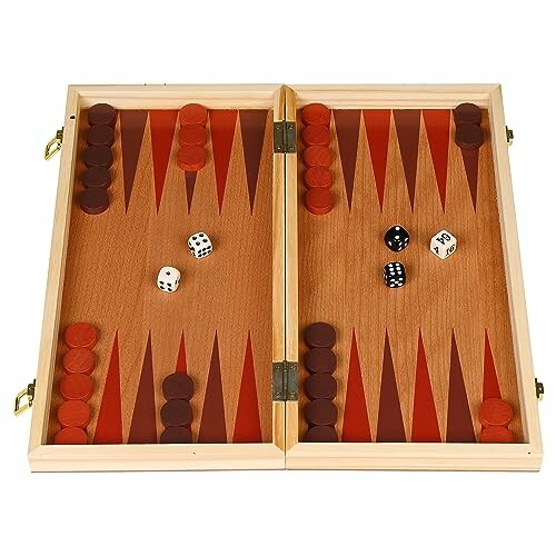 Wooden backgammon set with dice and pieces arranged on the board.