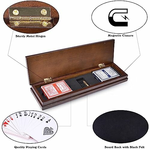 Wooden box with playing cards and dice, sturdy hinges and magnetic closure.