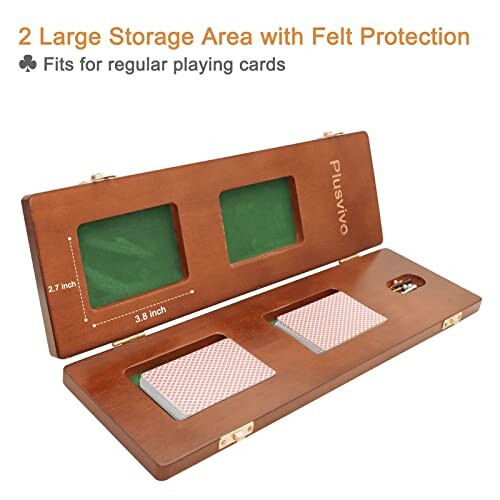 Wooden card storage box with felt lining and two large compartments for playing cards.