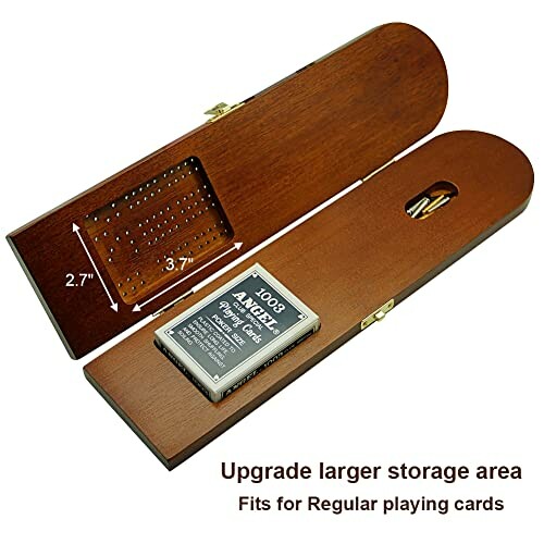 Wooden storage box for playing cards with cribbage board.