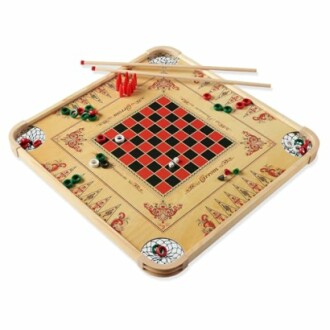 Wooden carrom board with pieces and strikers.