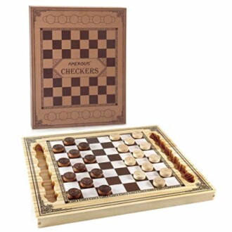 Wooden checkers board game with pieces and storage box.