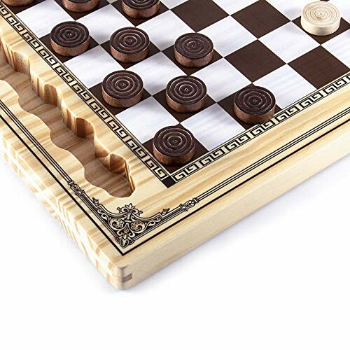 Close-up of a wooden checkers board with pieces.